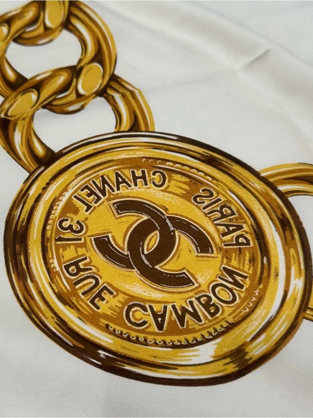 CHANEL White and Gold Medallion Chain Print Scarf